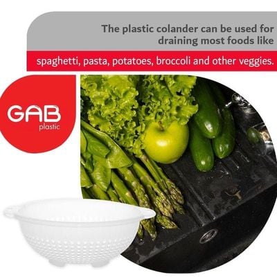 "GAB Plastic, Colander, White, Kitchen Drain Colander, Food Strainer Kitchen and Cooking Accessory,  Cleaning, Washing and Draining Fruits and Vegetables, Made from BPA-free Plastic"