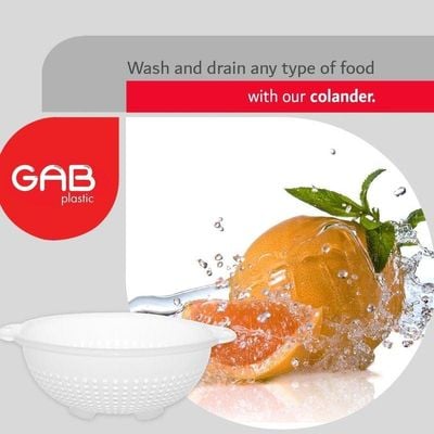 "GAB Plastic, Colander, White, Kitchen Drain Colander, Food Strainer Kitchen and Cooking Accessory,  Cleaning, Washing and Draining Fruits and Vegetables, Made from BPA-free Plastic"