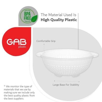 "GAB Plastic, Colander, White, Kitchen Drain Colander, Food Strainer Kitchen and Cooking Accessory,  Cleaning, Washing and Draining Fruits and Vegetables, Made from BPA-free Plastic"