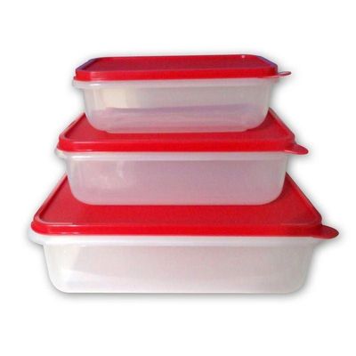 GAB Plastic, Rectangular Food Containers, Red, Set of 3 Food Storage Containers in Different Sizes, Plastic Food Container with Lid, Airtight Kitchen Fridge Container, Sturdy and Durable, BPA-free Pla