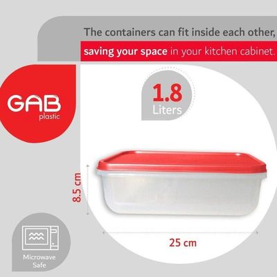 GAB Plastic, Rectangular Food Containers, Red, Set of 3 Food Storage Containers in Different Sizes, Plastic Food Container with Lid, Airtight Kitchen Fridge Container, Sturdy and Durable, BPA-free Pla