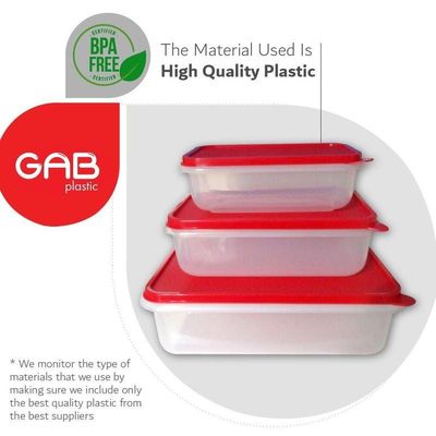 GAB Plastic, Rectangular Food Containers, Red, Set of 3 Food Storage Containers in Different Sizes, Plastic Food Container with Lid, Airtight Kitchen Fridge Container, Sturdy and Durable, BPA-free Pla