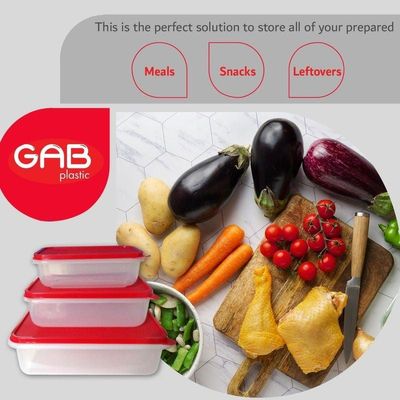 GAB Plastic, Rectangular Food Containers, Red, Set of 3 Food Storage Containers in Different Sizes, Plastic Food Container with Lid, Airtight Kitchen Fridge Container, Sturdy and Durable, BPA-free Pla