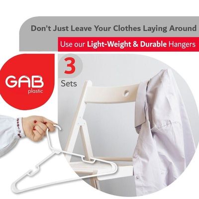 GAB Plastic, Plastic Hangers, White, Pack of 15, Durable Tubular Plastic Hangers, Heavy Duty Hangers, Clothes Hangers, Made from Recycled Plastic, Hangers With Slits, For Wet & Dry Clothes.