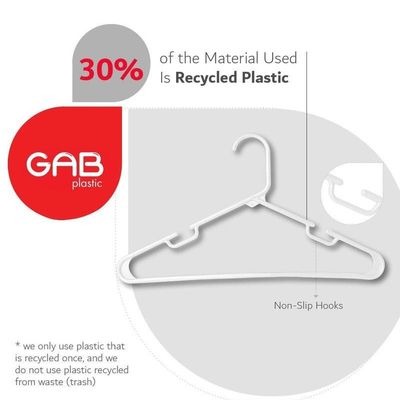 GAB Plastic, Plastic Hangers, White, Pack of 15, Durable Tubular Plastic Hangers, Heavy Duty Hangers, Clothes Hangers, Made from Recycled Plastic, Hangers With Slits, For Wet & Dry Clothes.