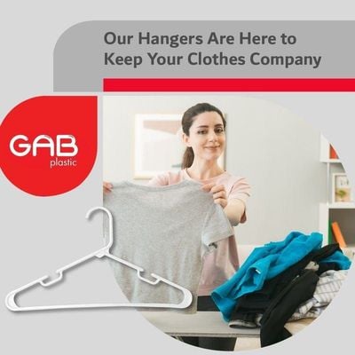 GAB Plastic, Plastic Hangers, White, Pack of 15, Durable Tubular Plastic Hangers, Heavy Duty Hangers, Clothes Hangers, Made from Recycled Plastic, Hangers With Slits, For Wet & Dry Clothes.