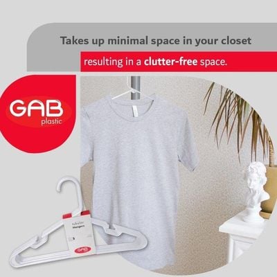 GAB Plastic, Plastic Hangers, White, Pack of 15, Durable Tubular Plastic Hangers, Heavy Duty Hangers, Clothes Hangers, Made from Recycled Plastic, Hangers With Slits, For Wet & Dry Clothes.