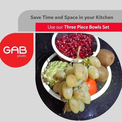 GAB Plastic, Salad Bowl, Set of 3, Small medium and large mixing bowl and serving bowl, Kitchen tool, Great for serving salad, fruits, popcorn, or chips, Sturdy and durable, Made from BPA-free Plastic