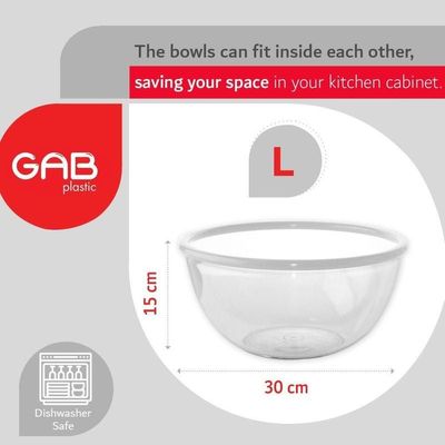 GAB Plastic, Salad Bowl, Set of 3, Small medium and large mixing bowl and serving bowl, Kitchen tool, Great for serving salad, fruits, popcorn, or chips, Sturdy and durable, Made from BPA-free Plastic