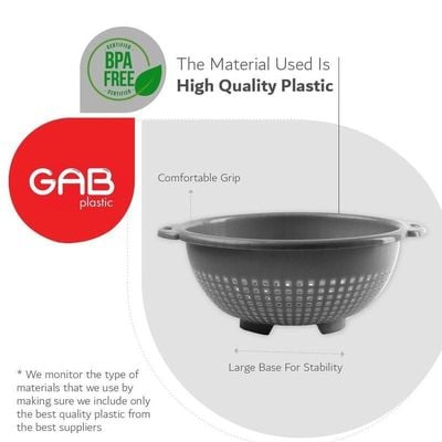 "GAB Plastic, Colander, Silver, Kitchen Drain Colander, Food Strainer Kitchen and Cooking Accessory,  Cleaning, Washing and Draining Fruits and Vegetables, Made from BPA-free Plastic"