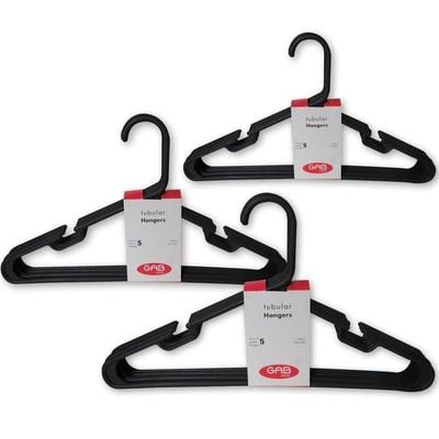 GAB Plastic, Plastic Hangers, Black, Pack of 15, Durable Tubular Plastic Hangers, Heavy Duty Hangers, Clothes Hangers, Made from Recycled Plastic, Hangers With Slits, For Wet & Dry Clothes.