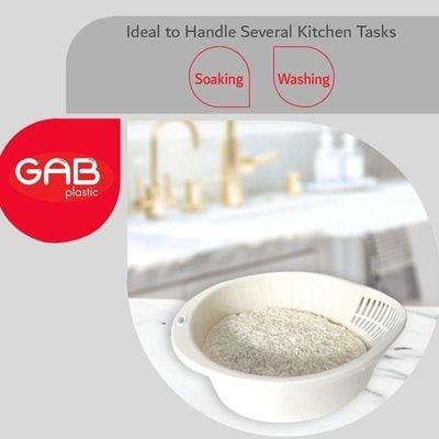 GAB Plastic, Rice Colander, White, Kitchen Drain Colander, Food Strainer Kitchen and Cooking Accessory, Cleaning, Washing and Draining Rice, Grains, Fruits and Vegetables, Made from BPA-free Plastic