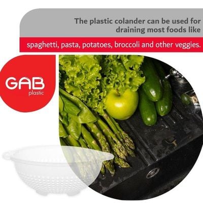 "GAB Plastic, Colander, Clear, Kitchen Drain Colander, Food Strainer Kitchen and Cooking Accessory,  Cleaning, Washing and Draining Fruits and Vegetables, Made from BPA-free Plastic"