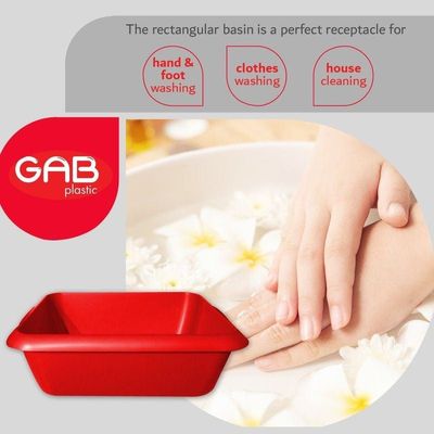 GAB Plastic, Rectangle Basin, Red, Plastic Washbasin, Cleaning Accessory, Multipurpose Washing Sink, Medium Plastic Washbowl, Recycled Plastic, Sturdy and Durable.