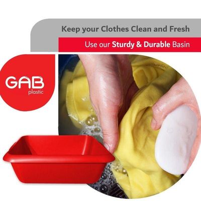 GAB Plastic, Rectangle Basin, Red, Plastic Washbasin, Cleaning Accessory, Multipurpose Washing Sink, Medium Plastic Washbowl, Recycled Plastic, Sturdy and Durable.