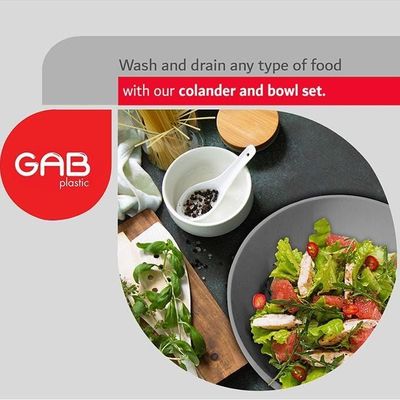 GAB Plastic, Colander with Bowl Set, Drain Colander and washing bowl, Food Strainer Kitchen Accessory, Detachable Colander,
Cleaning Washing, Mixing Fruits and Vegetables, Made from BPA-free Plastic