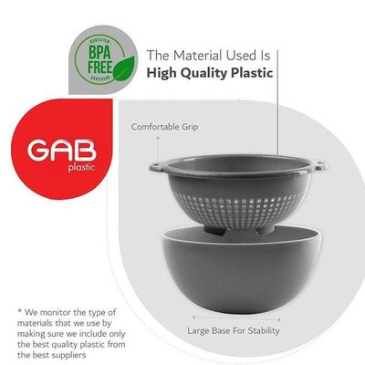 GAB Plastic, Colander with Bowl Set, Drain Colander and washing bowl, Food Strainer Kitchen Accessory, Detachable Colander,
Cleaning Washing, Mixing Fruits and Vegetables, Made from BPA-free Plastic