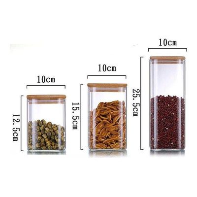 1CHASE Square Glass Food Storage Jar With Air Tight Bamboo Lid Clear/Brown 550,750,1200ml 3Pcs Set