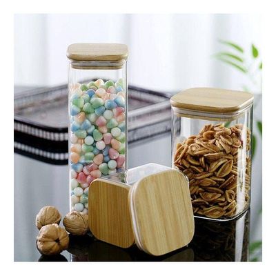 1CHASE Square Glass Food Storage Jar With Air Tight Bamboo Lid Clear/Brown 550,750,1200ml 3Pcs Set
