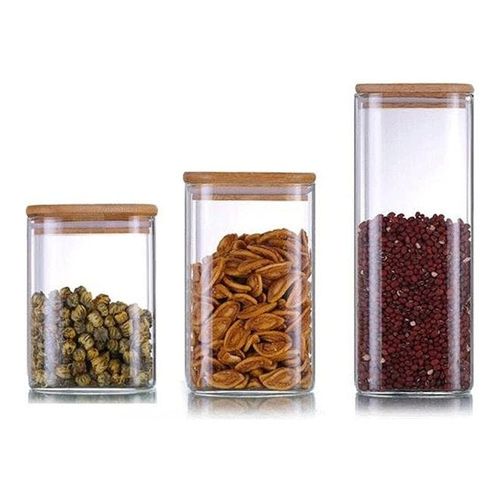 1CHASE Square Glass Food Storage Jar With Air Tight Bamboo Lid Clear/Brown 550,750,1200ml 3Pcs Set