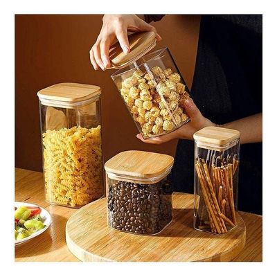 1CHASE  Square Glass Food Storage Jar With Airtight Bamboo Lid Clear/Brown 550,750,1200ml 6Pcs Set