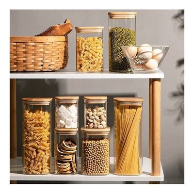 1CHASE  Square Glass Food Storage Jar With Airtight Bamboo Lid Clear/Brown 550,750,1200ml 6Pcs Set