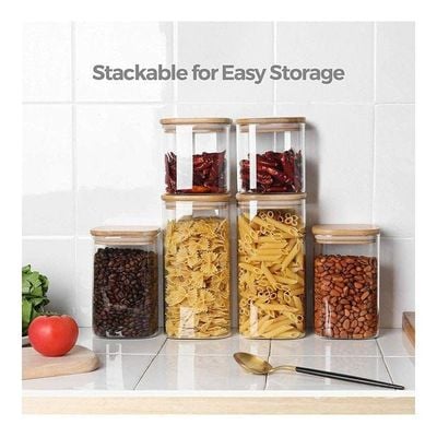 1CHASE  Square Glass Food Storage Jar With Airtight Bamboo Lid Clear/Brown 550,750,1200ml 6Pcs Set