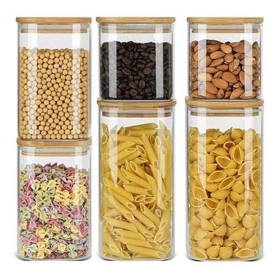 1CHASE  Square Glass Food Storage Jar With Airtight Bamboo Lid Clear/Brown 550,750,1200ml 6Pcs Set