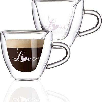 1CHASE Double Wall  Heart Shaped Love Printed Glass Mug with Handle Clear 180 Ml 2Pcs 