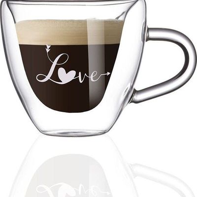 1CHASE Double Wall  Heart Shaped Love Printed Glass Mug with Handle Clear 180 Ml 2Pcs 