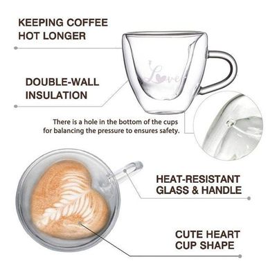 1CHASE Double Wall  Heart Shaped Love Printed Glass Mug with Handle Clear 180 Ml 2Pcs 