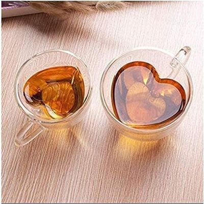 1CHASE Double Wall  Heart Shaped Love Printed Glass Mug with Handle Clear 180 Ml 2Pcs 