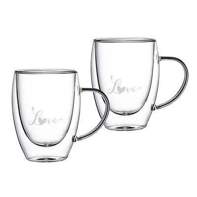 1CHASE Double Wall Love Printed Glass Mug With Handle Clear 350ml 2Pccs Set