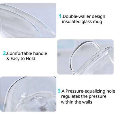 1CHASE Double Wall Love Printed Glass Mug With Handle Clear 350ml 2Pccs Set