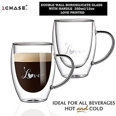 1CHASE Double Wall Love Printed Glass Mug With Handle Clear 350ml 2Pccs Set