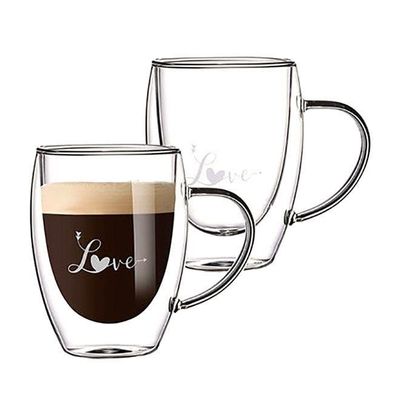 1CHASE Double Wall Love Printed Glass Mug With Handle Clear 350ml 2Pccs Set