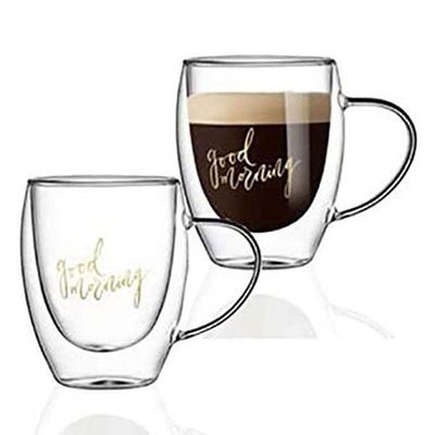 1CHASE  Double Wall Good Morning Printed Glass Mug With Handle Clear 350ml 2Pcs Set