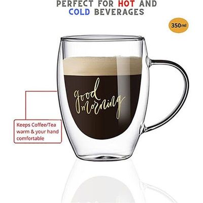 1CHASE  Double Wall Good Morning Printed Glass Mug With Handle Clear 350ml 2Pcs Set