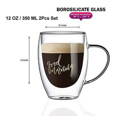 1CHASE  Double Wall Good Morning Printed Glass Mug With Handle Clear 350ml 2Pcs Set