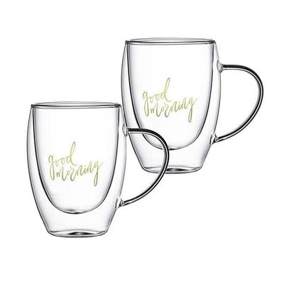 1CHASE  Double Wall Good Morning Printed Glass Mug With Handle Clear 350ml 2Pcs Set