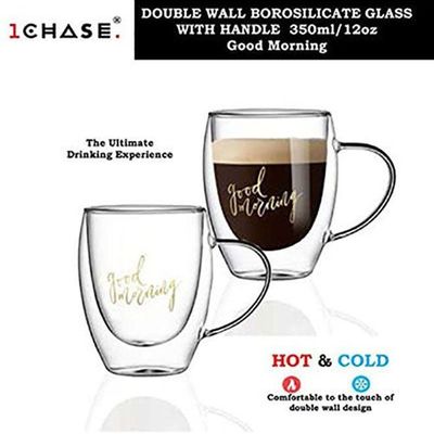 1CHASE  Double Wall Good Morning Printed Glass Mug With Handle Clear 350ml 2Pcs Set