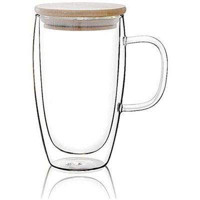 1CHASE Double Walled Coffee Cups With Handle And Lid Clear/Beige 450ml