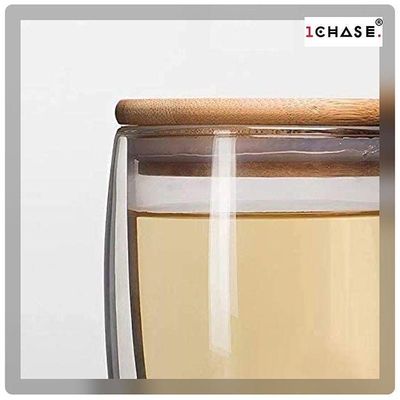 1CHASE Double Walled Coffee Cups With Handle And Lid Clear/Beige 450ml
