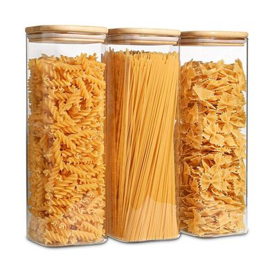 1CHASE Square Storage Jar With Air Tight Bamboo Lid Set of 3 1800 ML