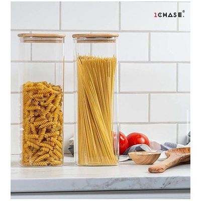1CHASE Square Storage Jar With Air Tight Bamboo Lid Set of 3 1800 ML