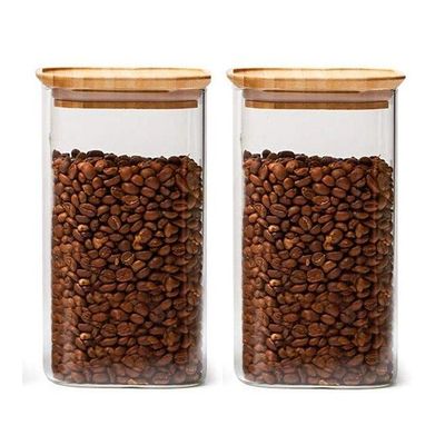 1CHASE Square Storage Jar With Air Tight Bamboo Lid Set of 2,  750ml