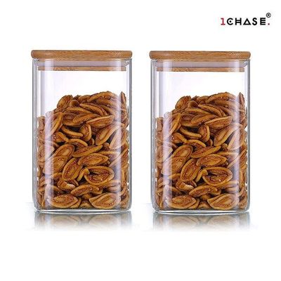 1CHASE Square Storage Jar With Air Tight Bamboo Lid Set of 2,  750ml