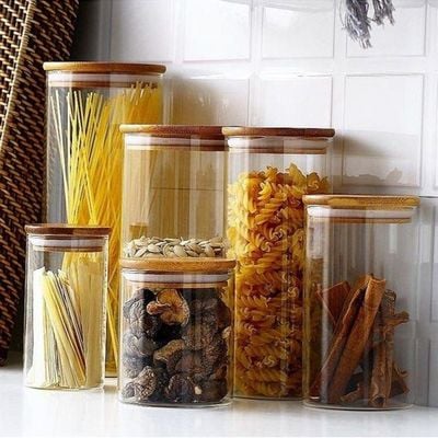 1CHASE Square Storage Jar With Air Tight Bamboo Lid Set of 2,  750ml