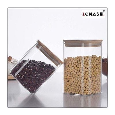 1CHASE Square Storage Jar With Air Tight Bamboo Lid Set of 2- 550ml