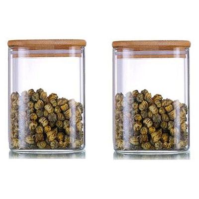 1CHASE Square Storage Jar With Air Tight Bamboo Lid Set of 2- 550ml